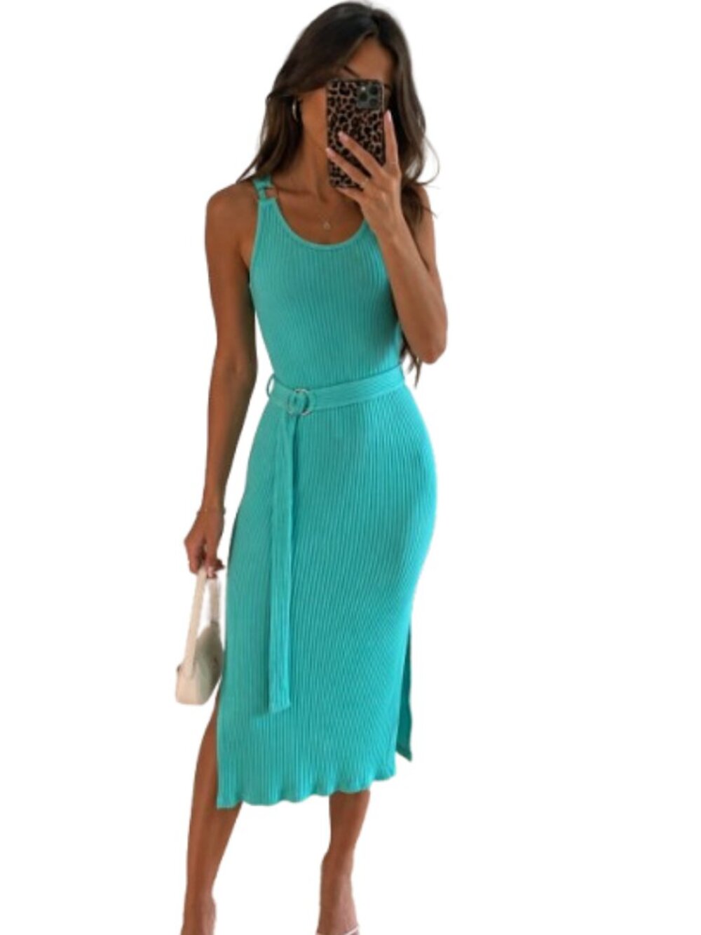 Michael Kors Ribbed Sleeveless Belted Midi Dress Turquoise Size XS/S